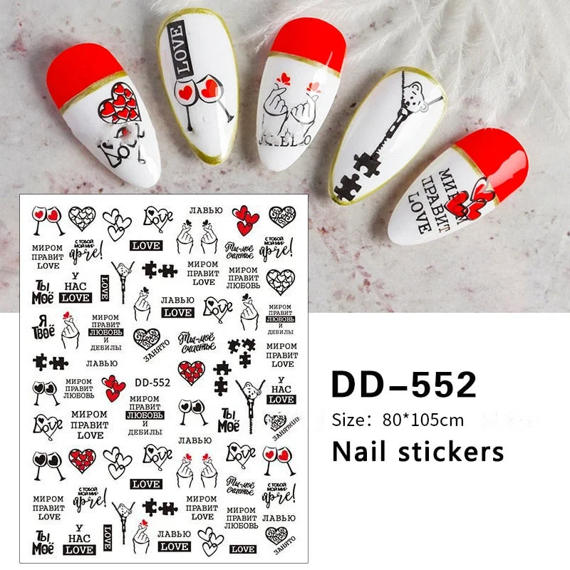 1PC Love Heart Designs 3D Nail Sticker Valentines's Day Black Red Transfer Decals Slider Gifts For Nails Decoration Manicures-Nail Inspo