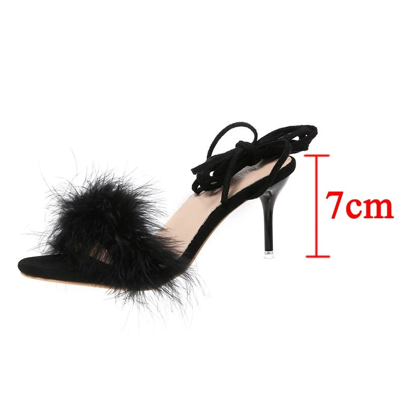Sexy Stiletto Heel Faux Fur Sandals Women Summer Ankle Strap Gladiator Sandals Woman Plus Size High Heels Wedding Banquet Shoes