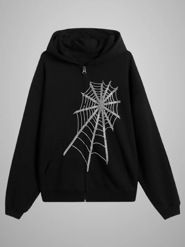 Dark Goth Statement Solid Color Spider Net Rhinestone Long Sleeve Loose Zip Up Jacket