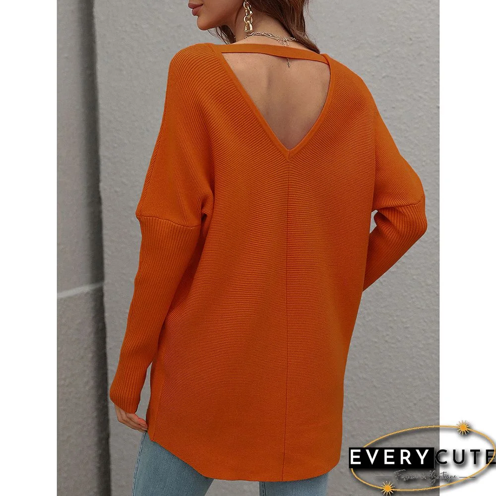 Orange V-neckline High Low Knit Sweater
