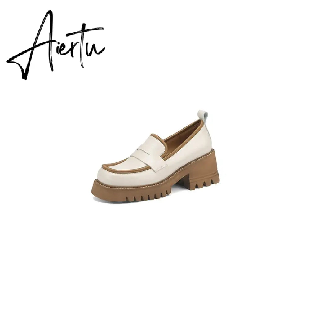 Aiertu Spring Genuine Leather Slip-On Platform Shoes Ins Casual Loafers Square Toe Chunky Heel Women Shoes Zapatos De Mujer Pumps Aiertu