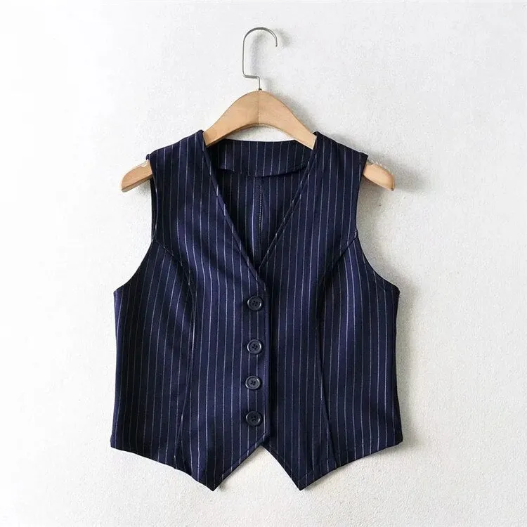 Women's Vest Blazers Striped Crop Tops and Blouses Single Breasted Sleeveless Femme Tanks Vintage Slim V neck Fashion Spring trf