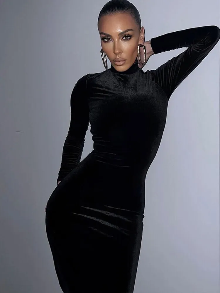 Uveng Sleeve Elegant Black Velvet Bodycon Maxi Dress Women Ruched Party Evening Long Dresses 2023 Autumn Winter Female Clothes