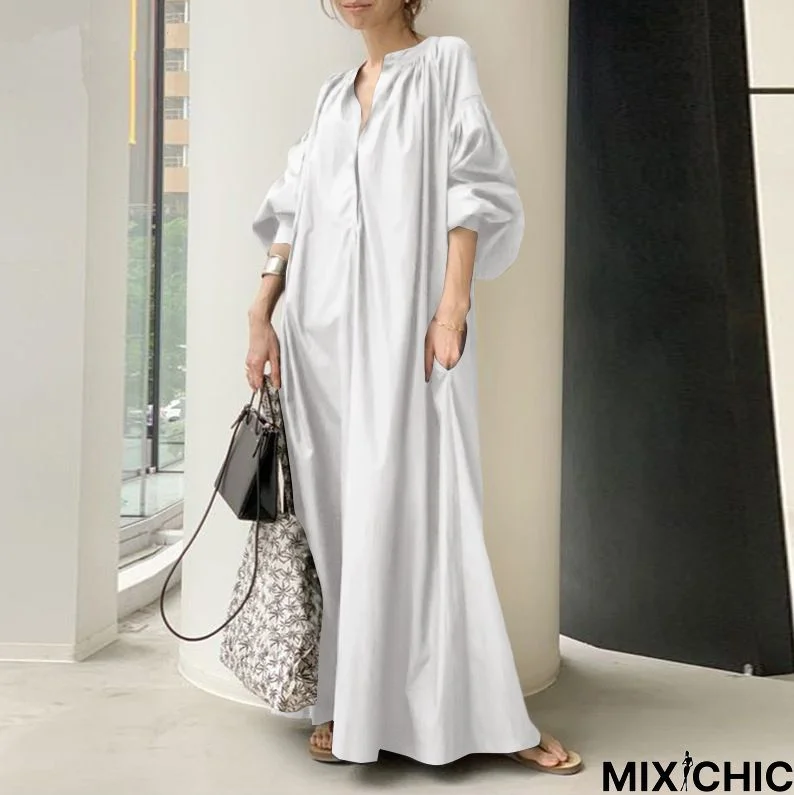Cotton Collar Long Loose Fashion Casual Lantern Sleeves Big Swing Dress Linen Dresses