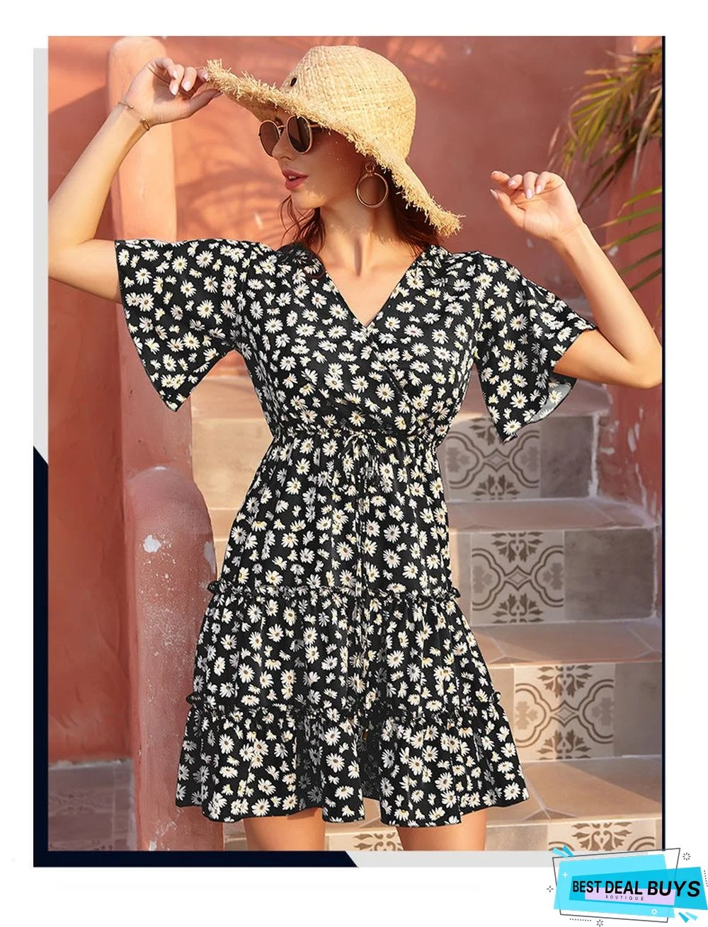 Women's Chiffon V-Neck Lace Up Dress Casual