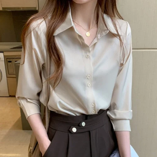 Billlnai Women's Silk Shirts V-neck Solid Laides Tops Womens Fall Fashion Satin Long Sleeve Blouses Button Up White OL Vintage Top