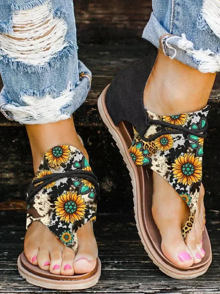 Sunflower Print Flat Casual Back Zip Sandals