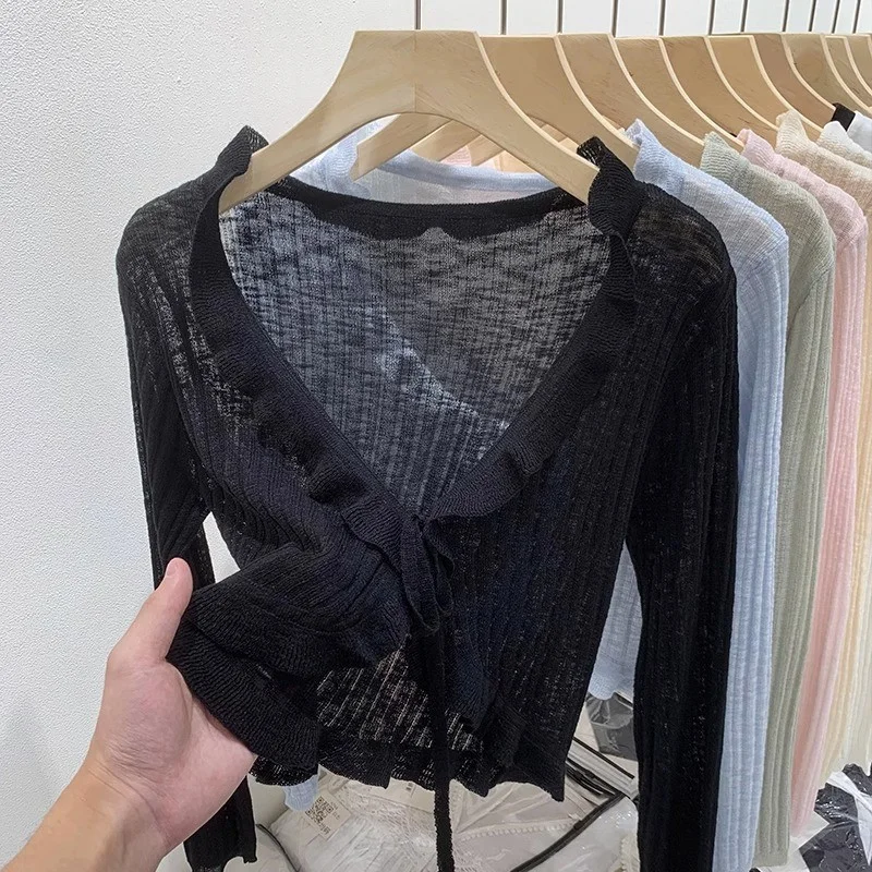 Brownm Brownm Ice Silk Knitted Cardigan Long Sleeve 2024 Summer Black Outer Short Air Conditioning Shirt Sunscreen Shawl Woman