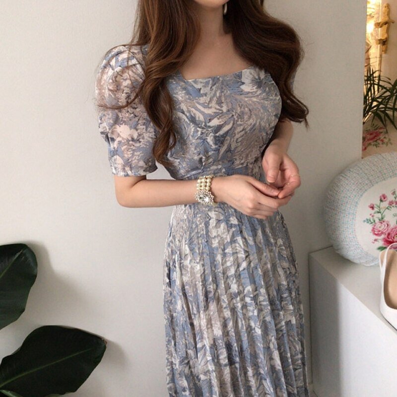 Korean Summer Dress 2021 New Fashion Dress Elegant Square Collar Floral Chiffon Dress Women'S Dress Pleated Long Dress
