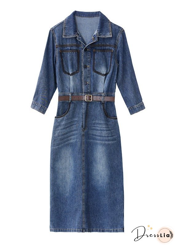 Slim Fit Blue Peter Pan Collar Patchwork Sashes Denim Maxi Dresses Bracelet Sleeve