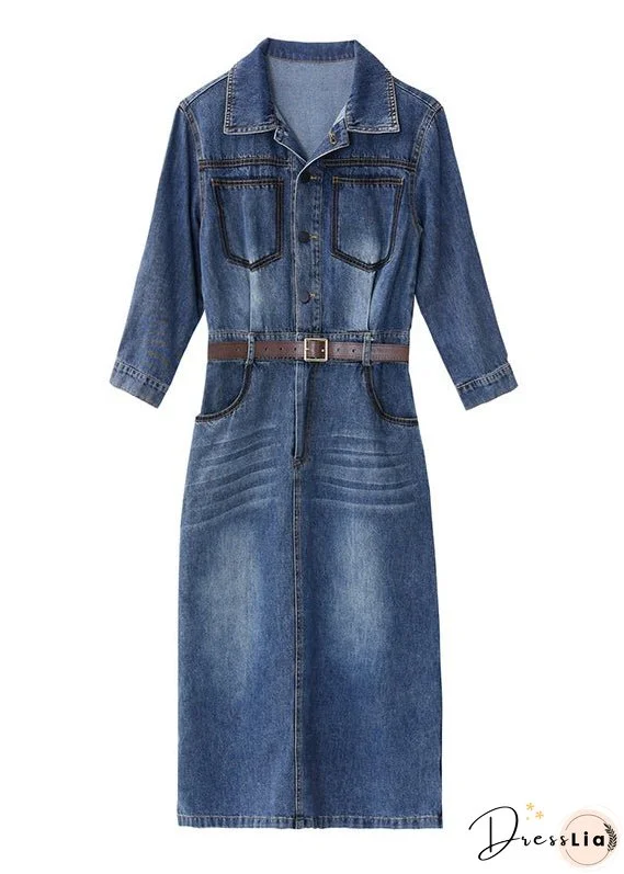 Slim Fit Blue Peter Pan Collar Patchwork Sashes Denim Maxi Dresses Bracelet Sleeve