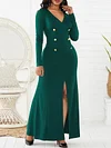 Banquet Solid Color Split-Front Long Sleeves V-Neck Maxi Dress