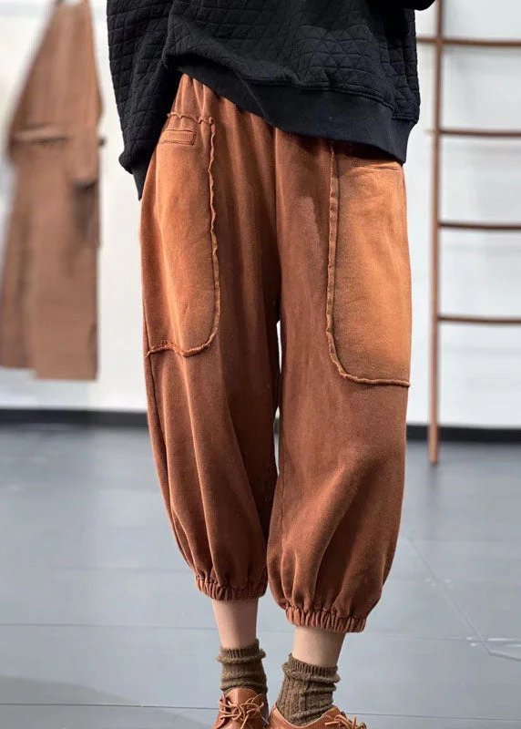 Boho Coffee Elastic Waist Pockets Patchwork Applique Cotton Harem Pants Fall