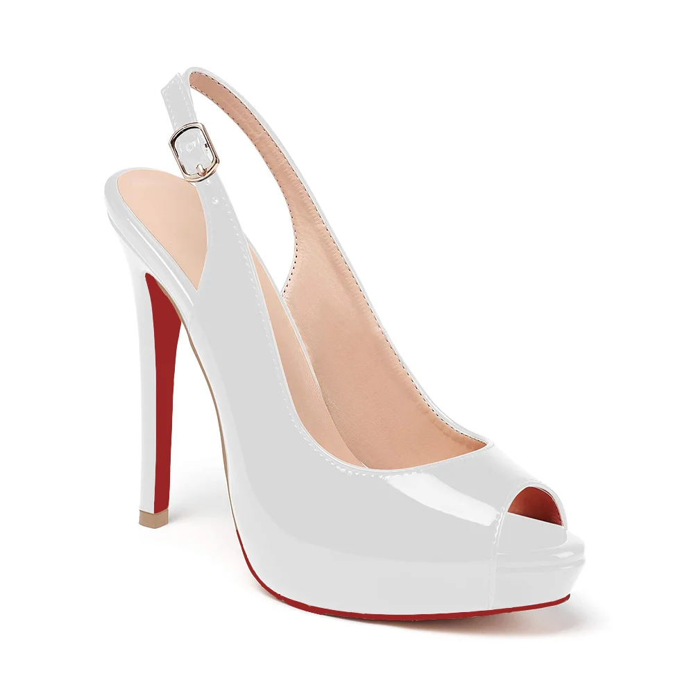 120mm Red Bottom Strap Slingback Sandals Peep Toe Platform Stilettos White Patent Heels-MERUMOTE