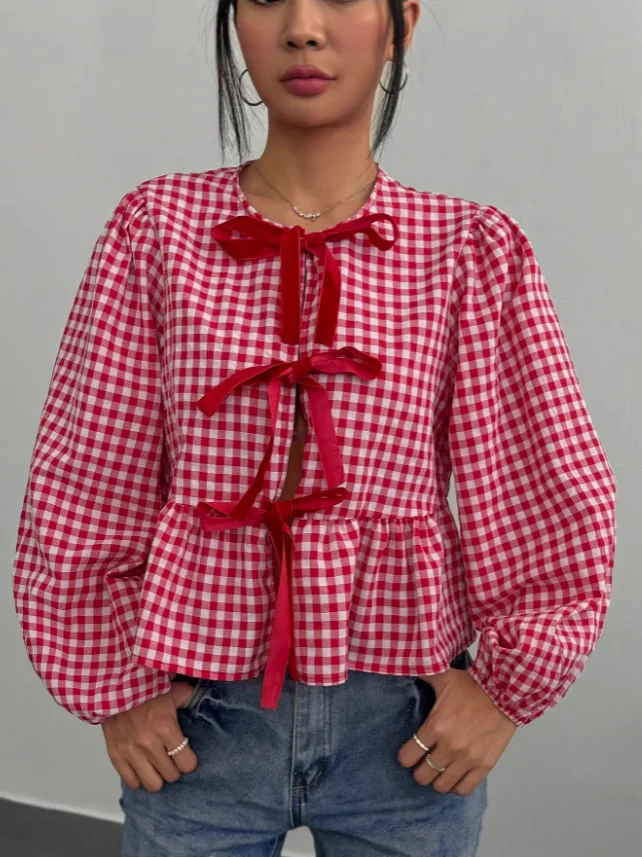 Nigikala Nigikala Women's Plaid Loose Bow Long-Sleeved Shirt