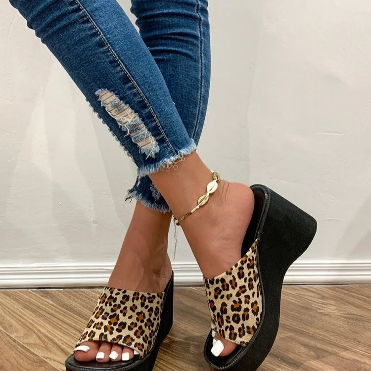 Women's Leopard Wedge Slides Summer Peep Toe Slide Sandals