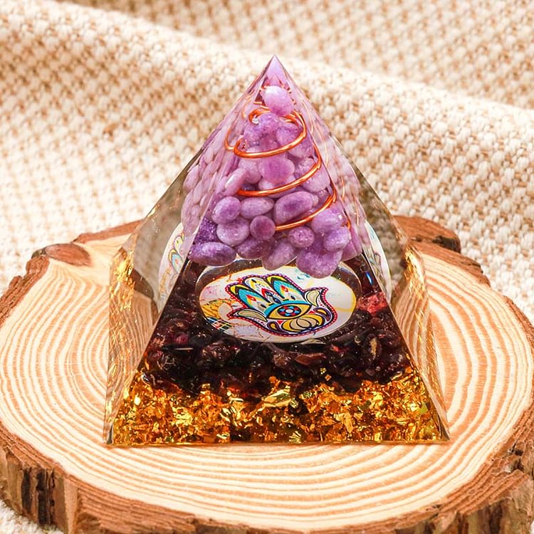 Purple Jade With Garnet Hamsa Healing Orgone Pyramid