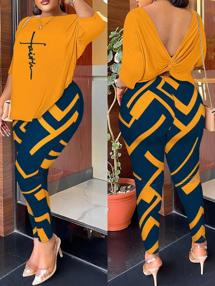 Huiketi Women's T-shirt Blouses 2 Piece Sets Suit Letter O-neck Backless Tops Pencil Long Pants Set Casual 2 Piece Sets Women Clothing