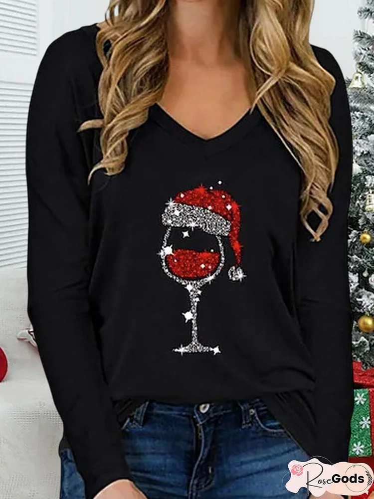 Christmas V Neck Loose Casual T-Shirt