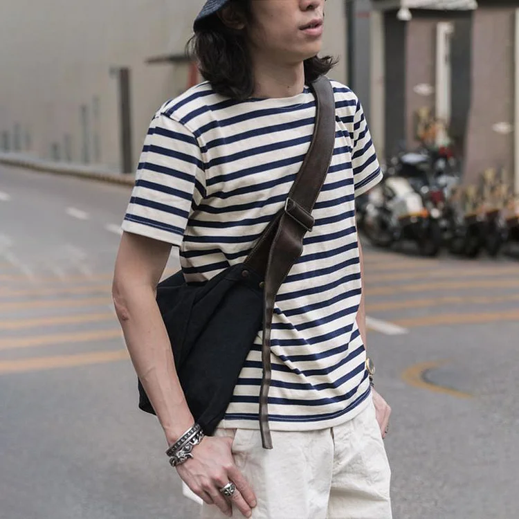 French Sailor Style Boat Neck Breton Striped Short-sleeved T 0a43