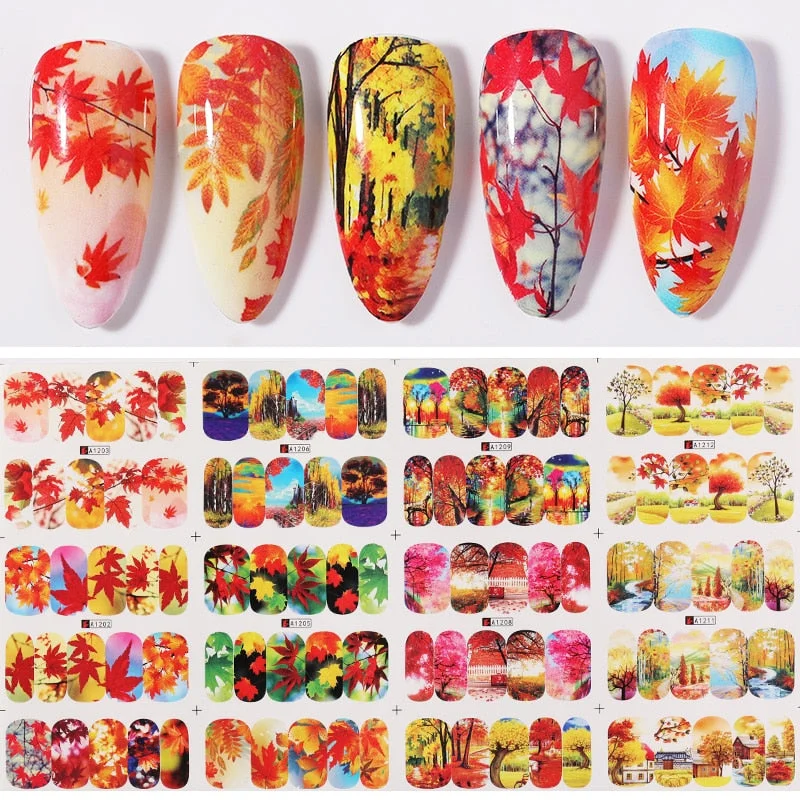 12 Designs Nail Stickers Set Mixed Floral Geometric Nail Art Water Transfer Decals Sliders Flower Leaves Manicures Decoration-Nail Inspo