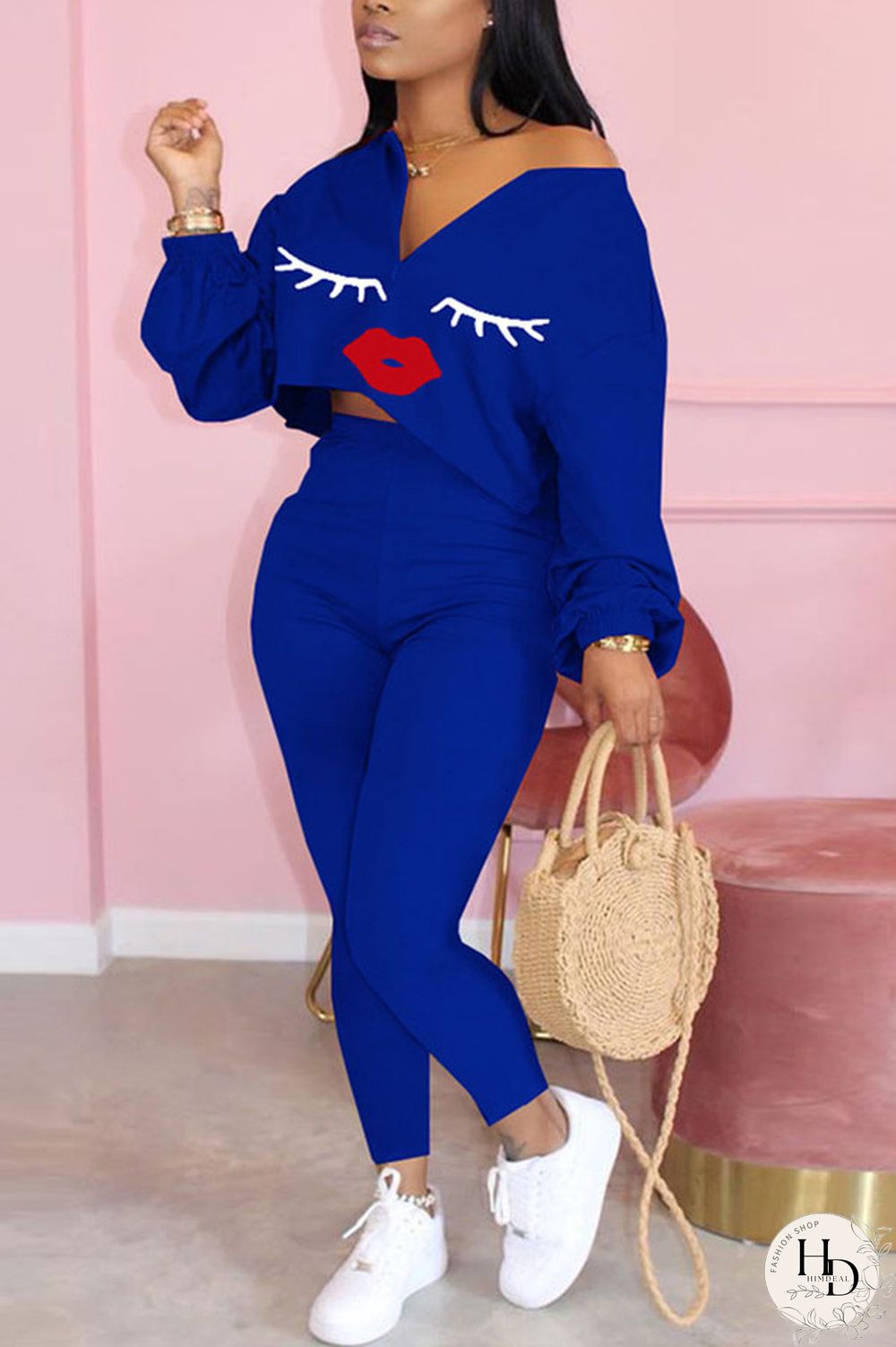 Yellow Sexy Print Lips Print pencil Long Sleeve Two Pieces