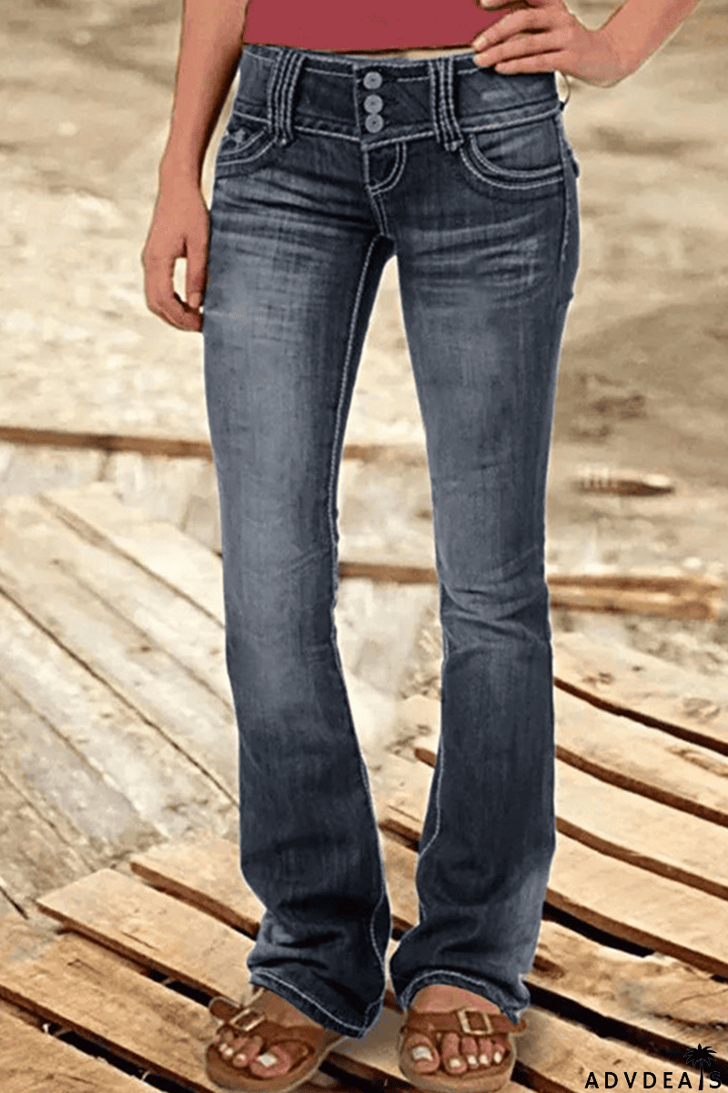 Street Patchwork Ripped High Waist Boot Cut Denim Jeans