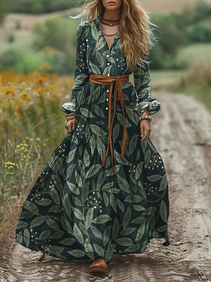 Women's Vintage Shirt Collar Botanical Print Long Sleeve Dress Pocket Cotton Dress