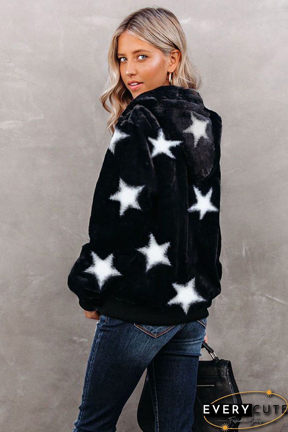 Black Star Print Zipper Fleece Hooded Coat with Pockets