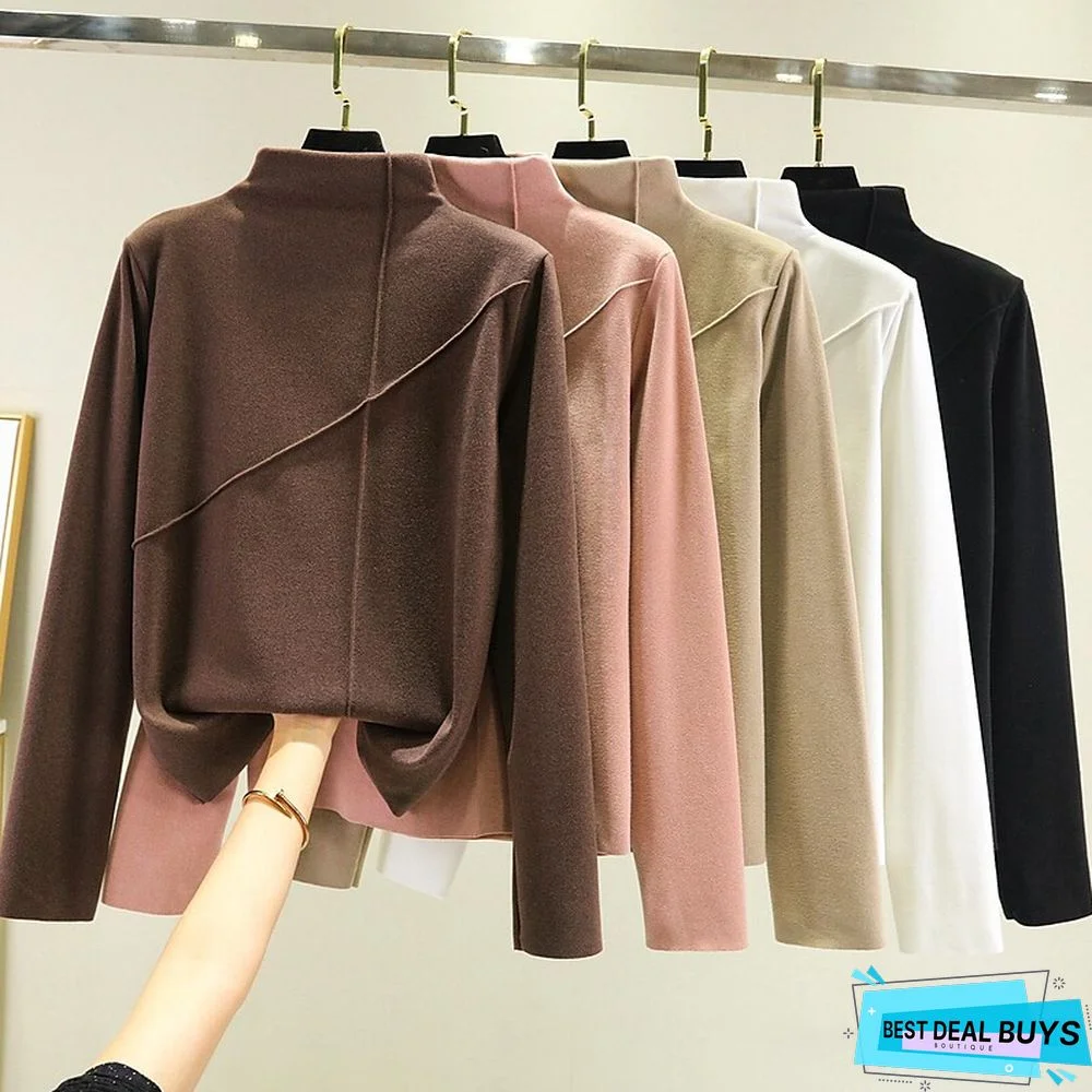 Women's T shirt Tee Light Pink dark brown A Plain Long Sleeve Daily Basic High Neck Regular Fleece lined XXL (recommended 140-160 catties)