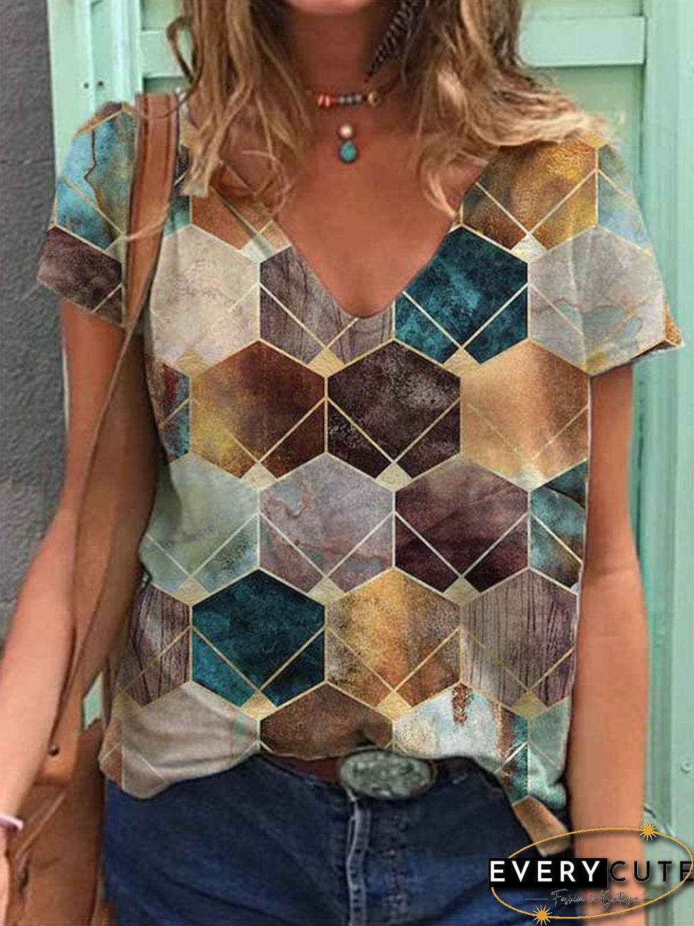 Short Sleeve Casual Cotton-Blend Printed T-shirt