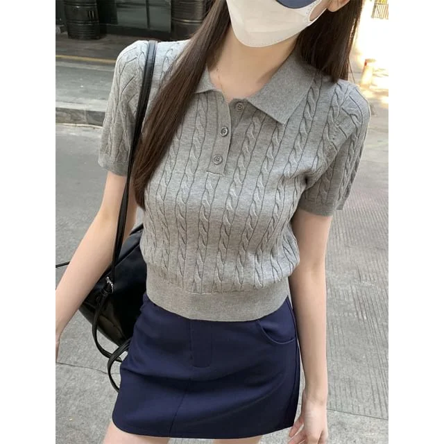 Polo Knit Cable Crop Short-Sleeve Shirt Plain