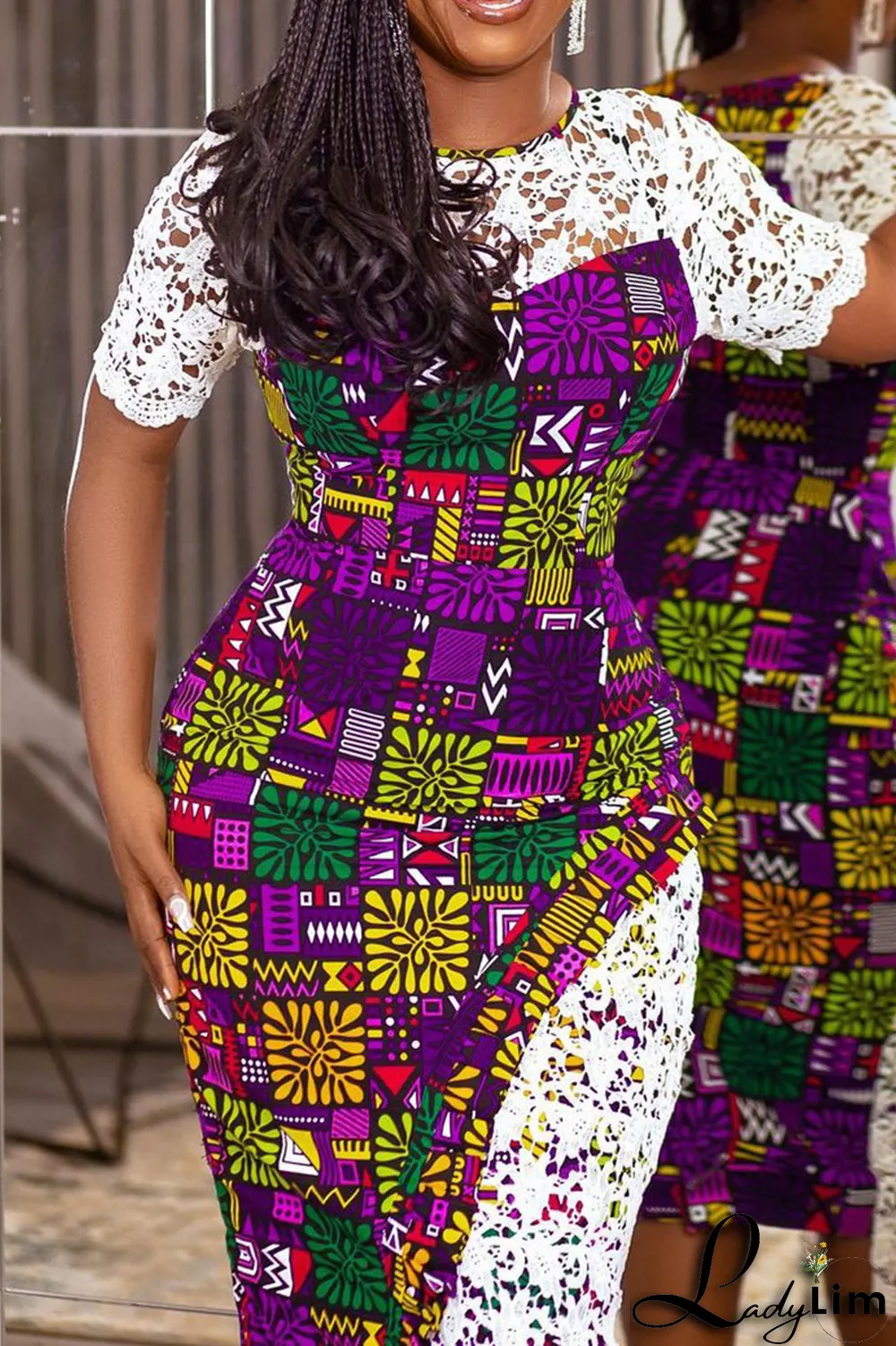 Purple Sexy Print Lace O Neck Irregular Dress Dresses