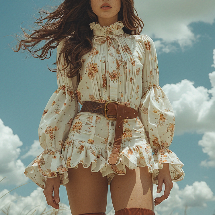 Retro Women's Long-sleeved Printed Dress Country Style Floral Short Dress