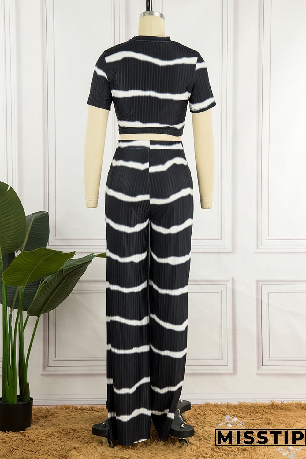 Black Casual Striped Print Basic O Neck Short Sleeve Two Pieces