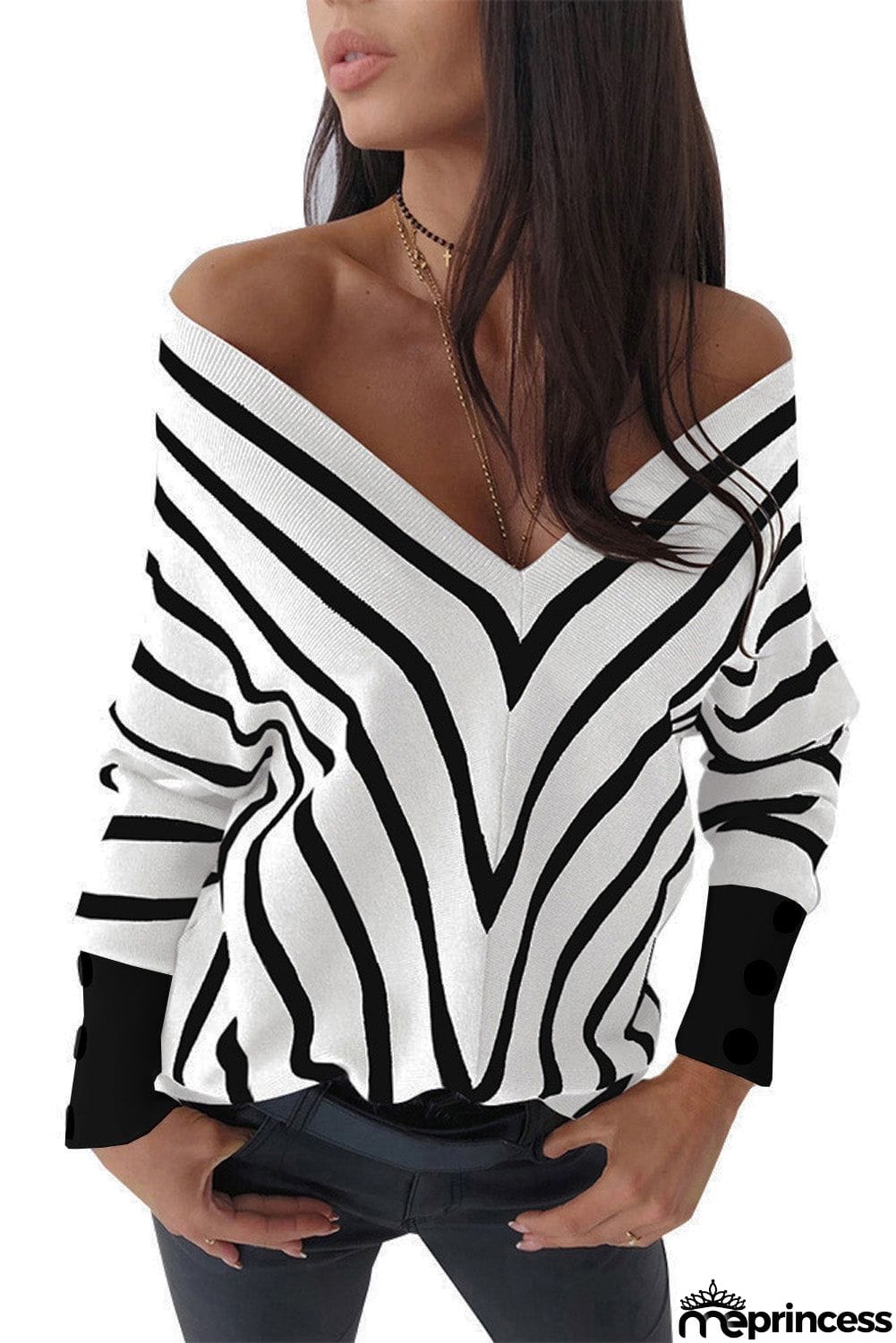 Khaki V Neck Popper Cuff Striped Casual Sweater