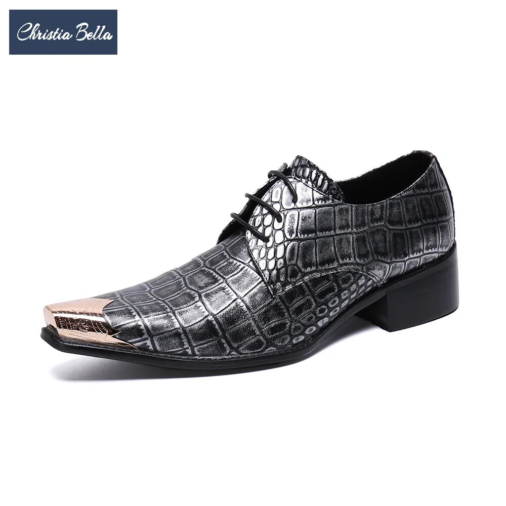 VCSHOES Snake Skin Genuine Leather Men Business Shoes Large Size Metal Square Toe Formal Dress Shoes