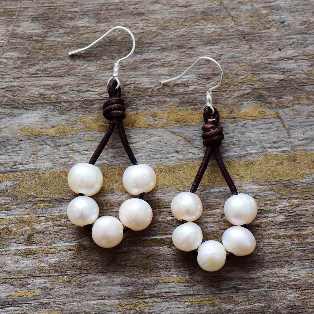 Boho Leather Pearl Earrings