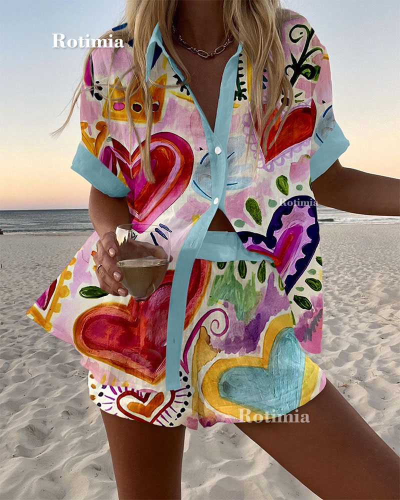 Love Doodle Print Shirt & Shorts Two-Piece Set