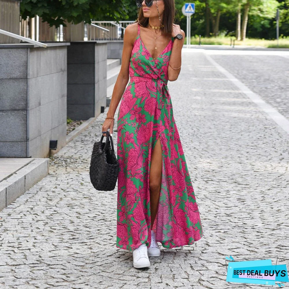 V-neck Slit Floral Print Slip Dress