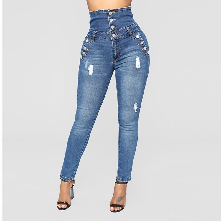 Nail-buttoned, High-waisted Stretch Jeans-luchamp:luchamp