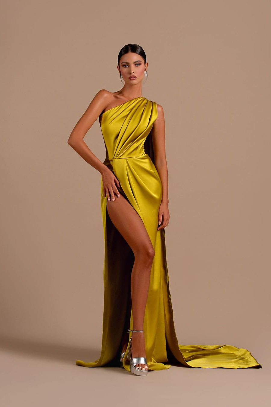 Bellasprom Yellow Green One Shoulder Long Prom Dress With Split Ruffles Pleats Bellasprom