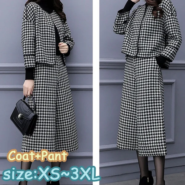 Autumn Winter Two Piece Sets Outfits Women Woolen Coat And Cropped Wide Leg Pants Suits Office Elegant Sets