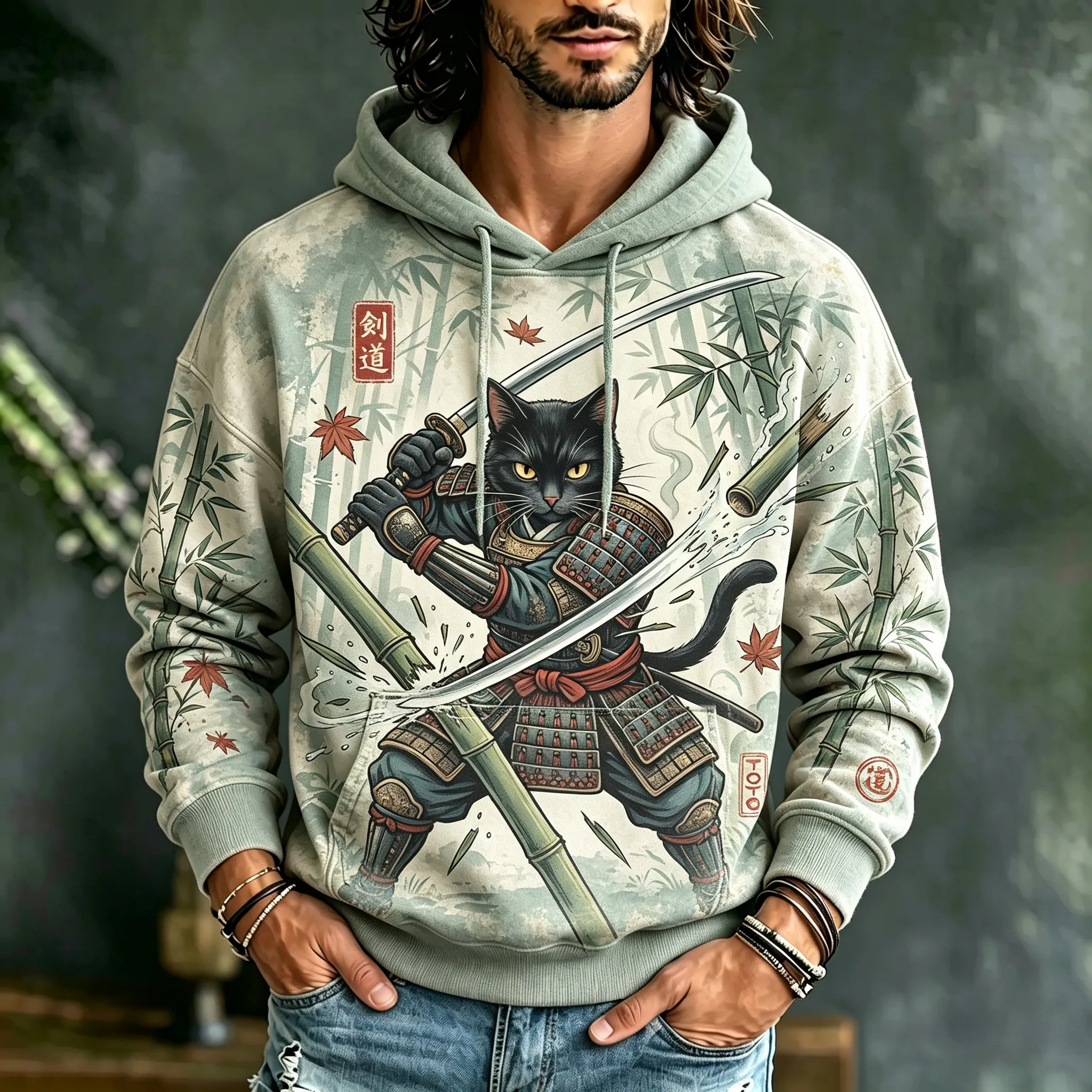 Men's Black Cat Samurai In Bamboo Forest Print Casual Hoodie  artssus