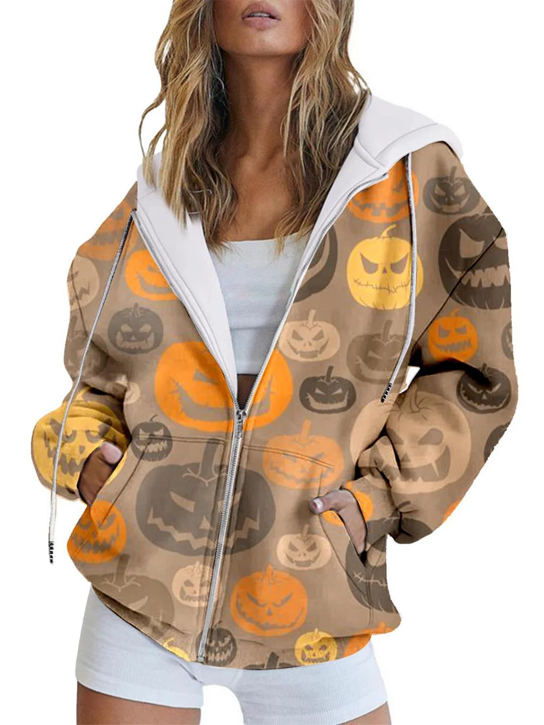 Women Long Sleeve Hooded Graphic Halloween Coats