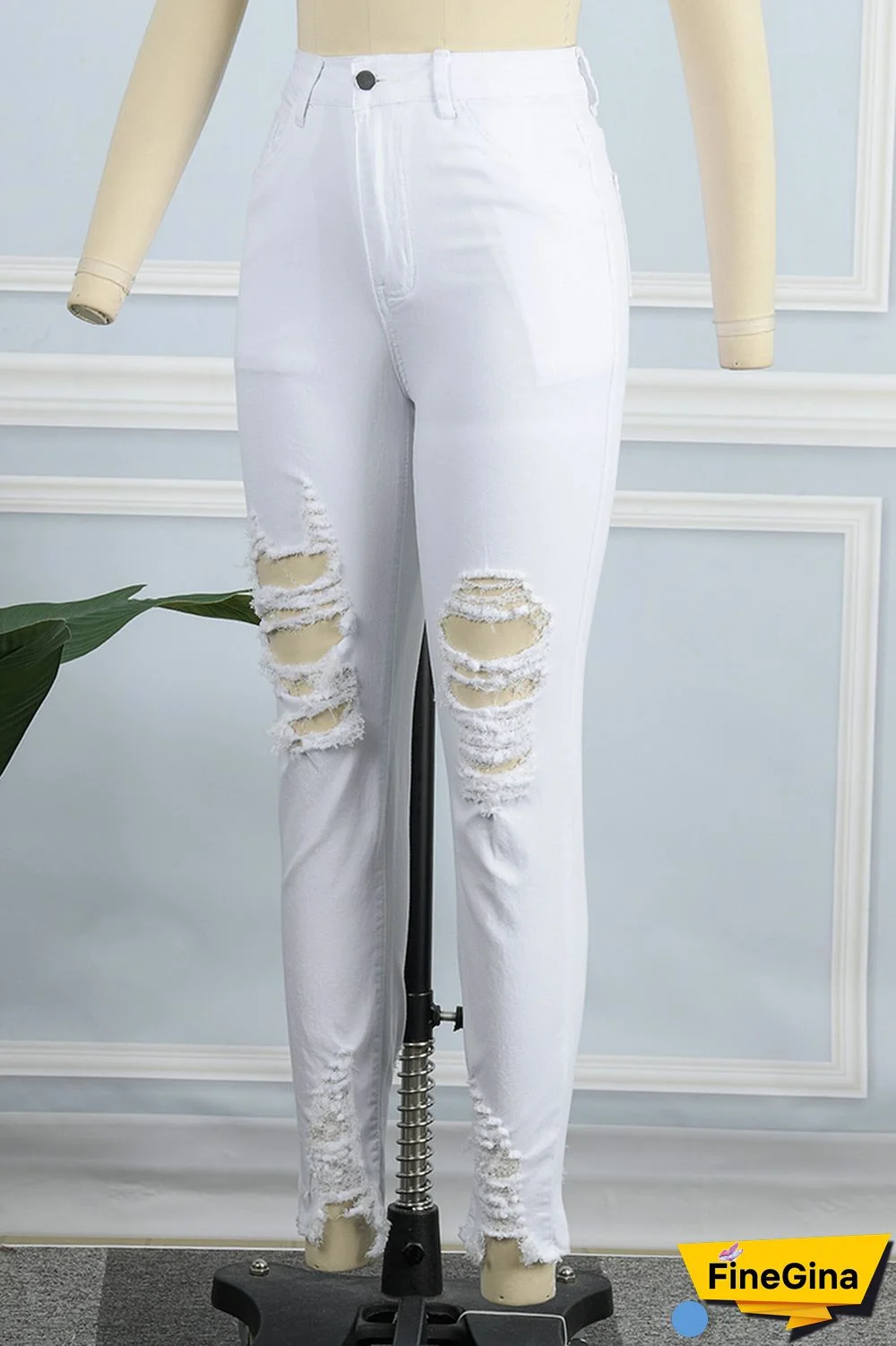White Casual Solid Ripped Patchwork High Waist Skinny Denim Jeans