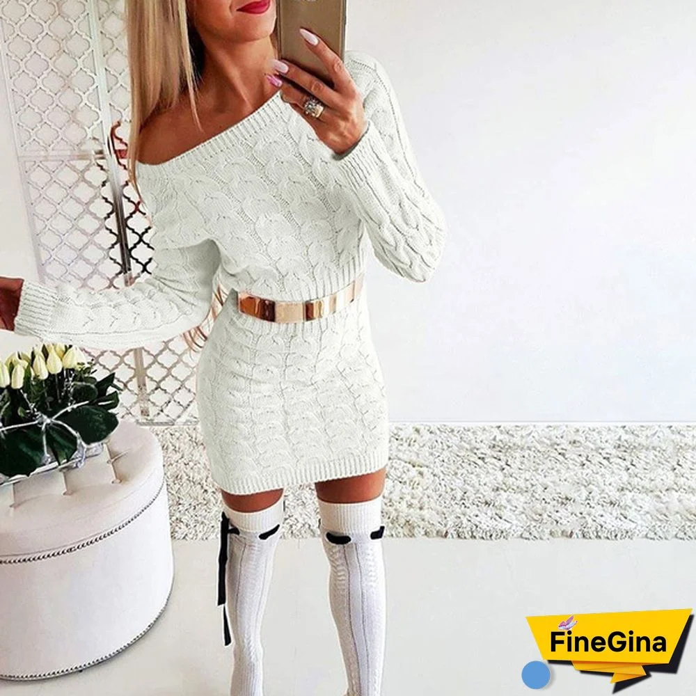 4 Color Spring Autumn New Women Fashion Long Sleeve Off Shoulder Knit Sweater Dress Plus Size Women Mini Dress Plus Size S-3XL