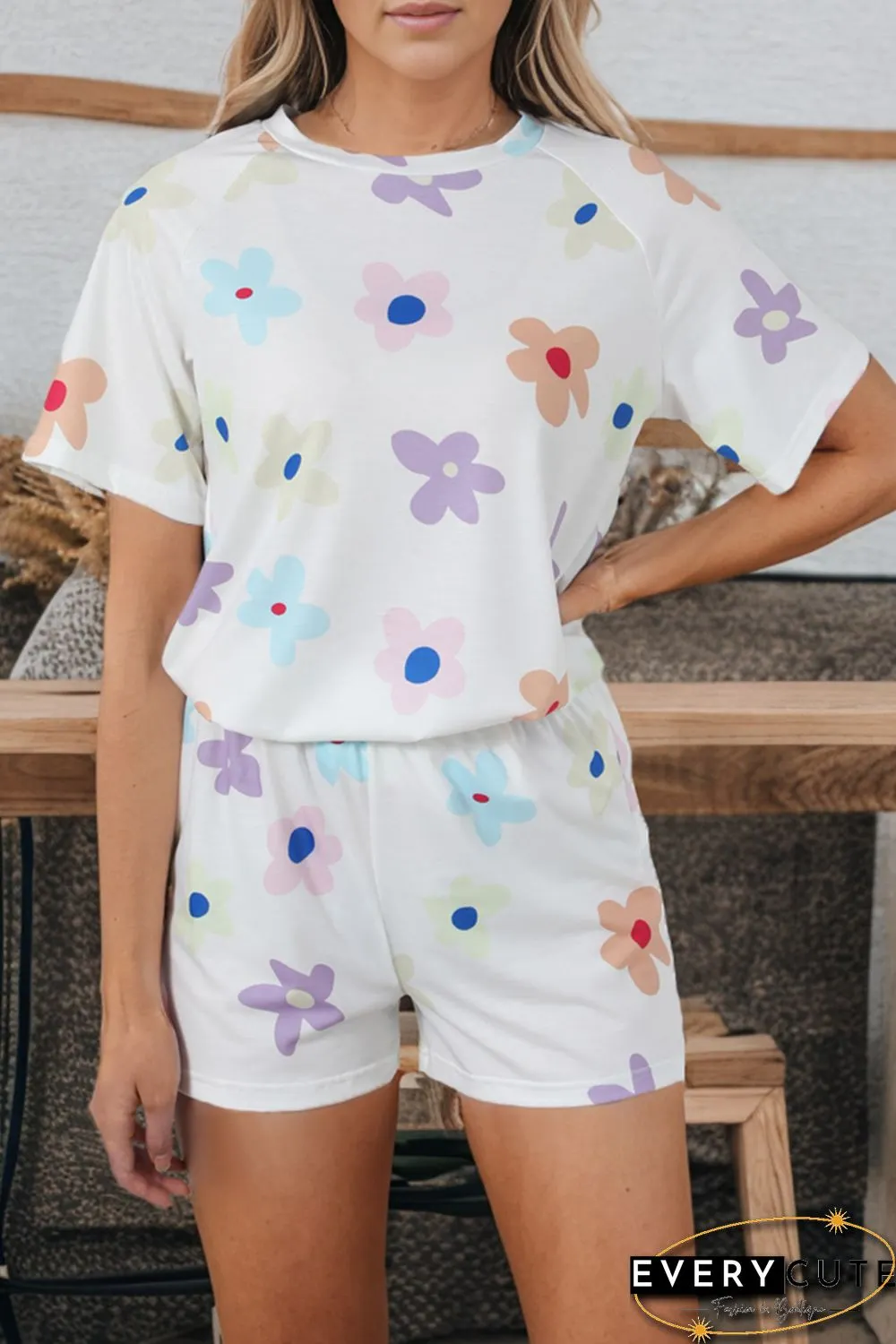 White Flower Print Short Sleeve High Waist Two Piece Shorts Set