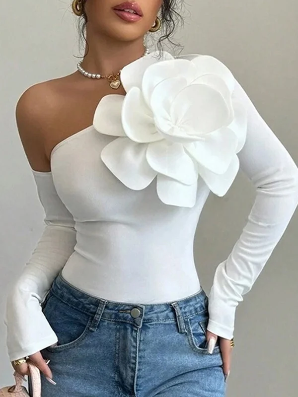 Three-Dimensional Flower Solid Color Skinny Long Sleeves One-Shoulder T-Shirts Tops