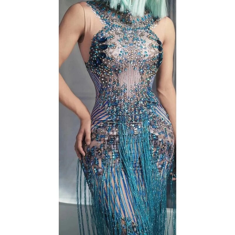 VCSHOES Crystals Rhinestone Party Long Dress Women Sleeveless Tassel Club Dress Blue Jazz Singer Dancer Stage Costume